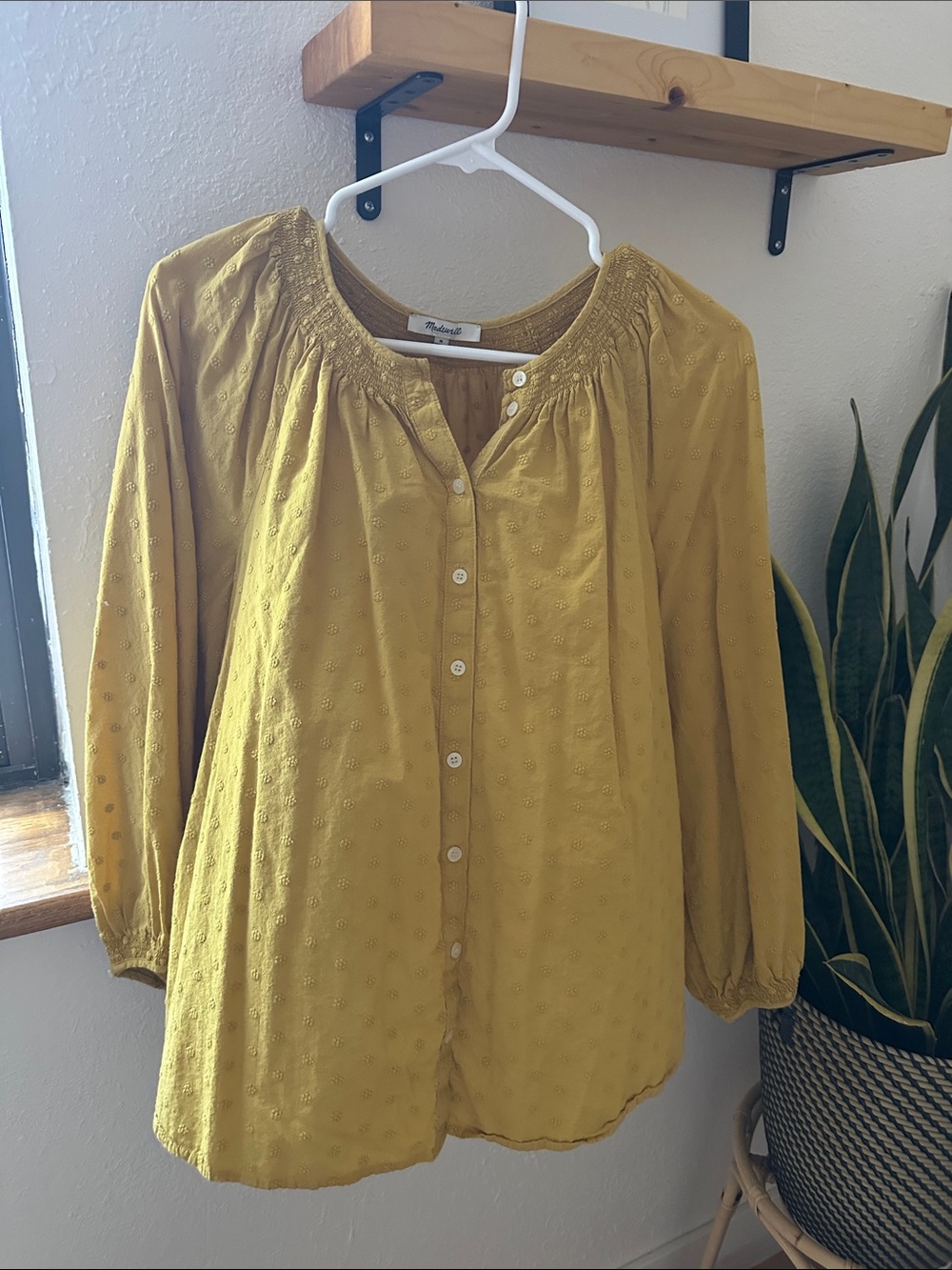 Smocked Yoke Mustard Yellow Button-Front Blouse